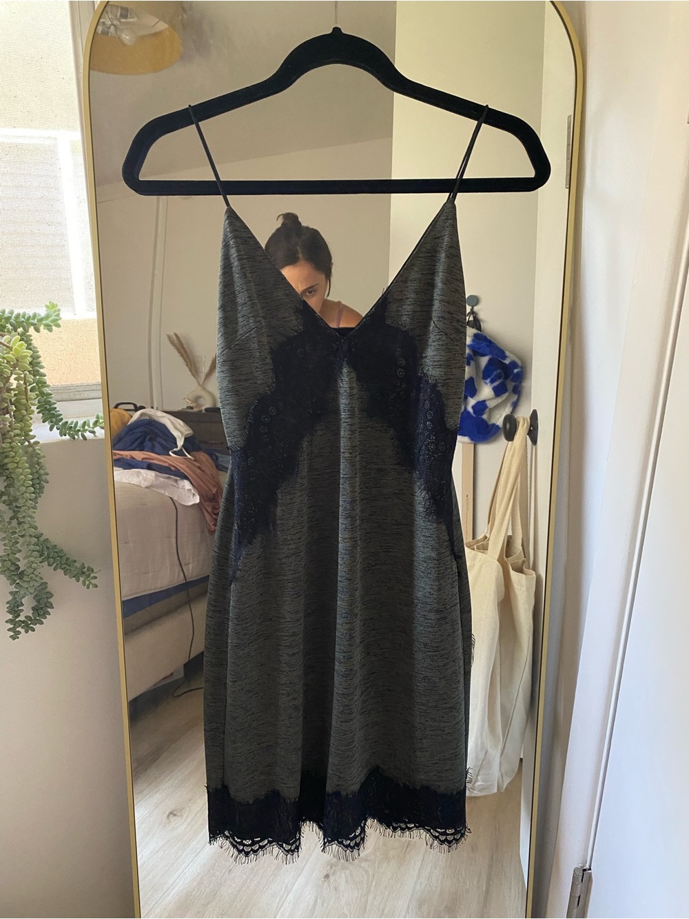TopShop Green and Black Lace-Trim Satin Slip Dress - Women Intimates
